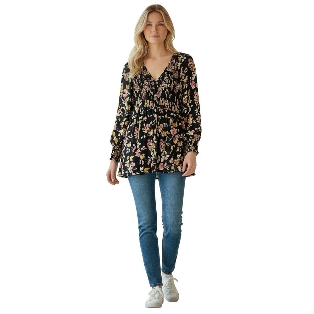Torrid Floral Smocked Peplum Blouse Size 2 Black Pink Yellow Long Sleeve‎